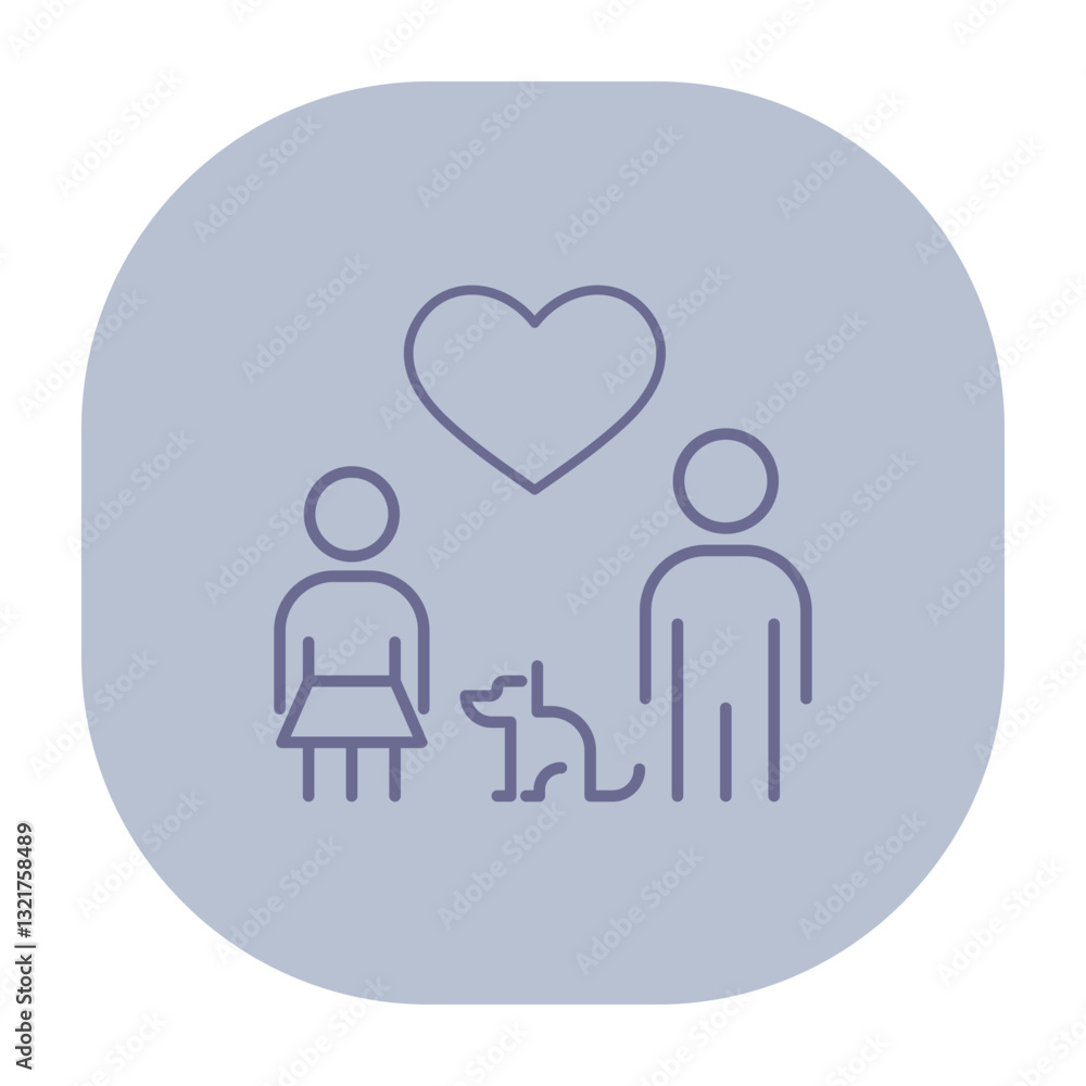 Two figures standing side by side with dog in front, all depicted in simple line style. Love and connection concept Two figures standing side by side with dog in front, all depicted in simple line style. Love and connection concept