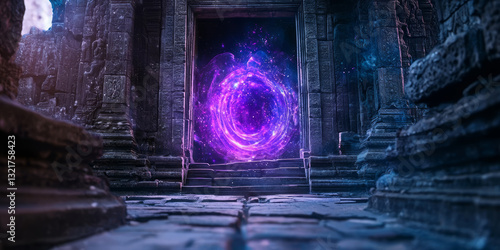 Obraz na płótnie Ethereal portal in a dark ancient temple, pulsating with purple and blue magical light w salonie