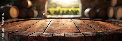 Obraz na płótnie Rustic Wooden Barrel Table in Vineyard Sunset w salonie
