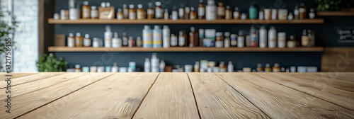 Obraz na płótnie Clean, light wooden surface, blurred pharmacy workspace w salonie