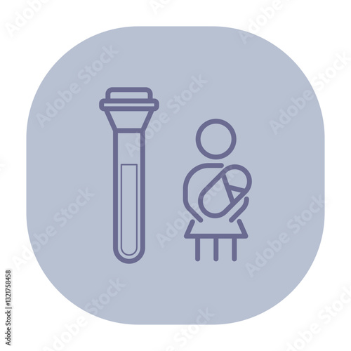 Simple line icon of test tube and figure holding baby, symbolizing connection between medical testing and maternal health. Care and science in healthcare concept