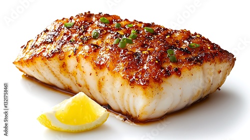 Grilled Monkfish Steak with Caramelized Glaze and Lemon Garnish