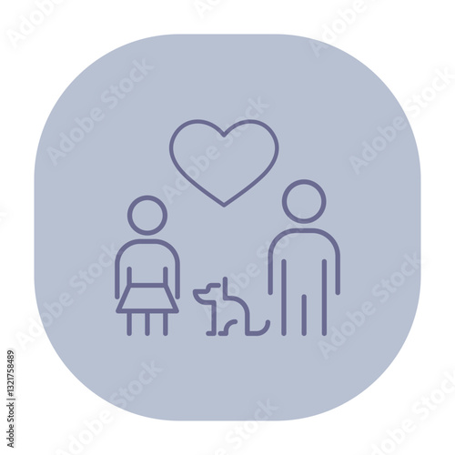 Two figures standing side by side with dog in front, all depicted in simple line style. Love and connection concept