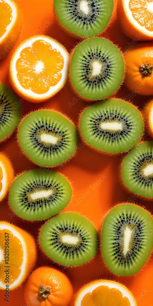 Sliced ripe kiwi fruit on orange background. Top view