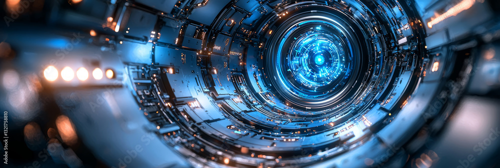 Futuristic Metallic Gear Mechanism with Blue Lights