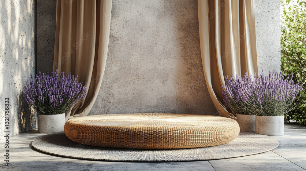 Serene interior with a round wicker cushion, soft natural light, and fresh lavender in pots, creating a peaceful and cozy atmosphere