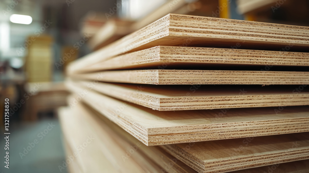 stack of birch plywood sheets, smooth and light-colored, in a modern carpentry studio