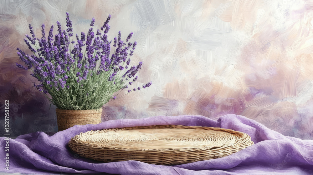 Serene interior with a round wicker cushion, soft natural light, and fresh lavender in pots, creating a peaceful and cozy atmosphere