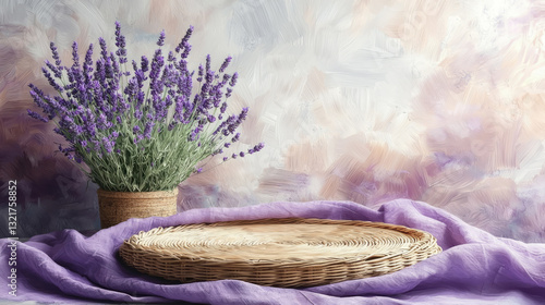 Obraz na płótnie Serene interior with a round wicker cushion, soft natural light, and fresh lavender in pots, creating a peaceful and cozy atmosphere w salonie