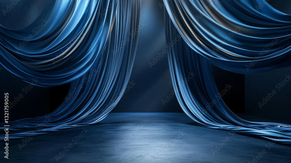 Luxurious stage curtains with deep folds and dramatic lighting