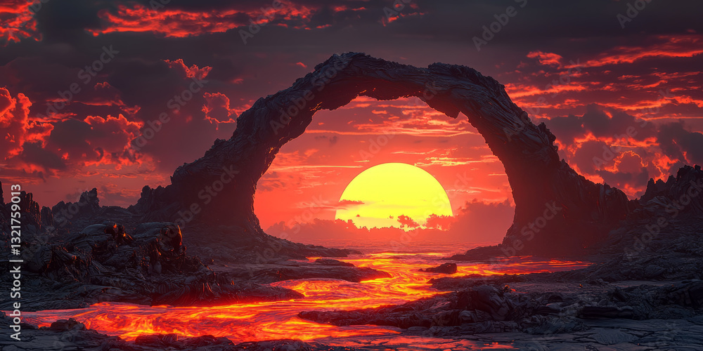 Black volcanic stone arches set over molten lava flows. A crimson sun on the horizon casts dramatic, fiery highlights