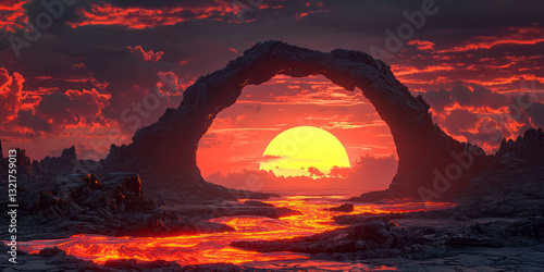 Obraz na płótnie Black volcanic stone arches set over molten lava flows. A crimson sun on the horizon casts dramatic, fiery highlights w salonie