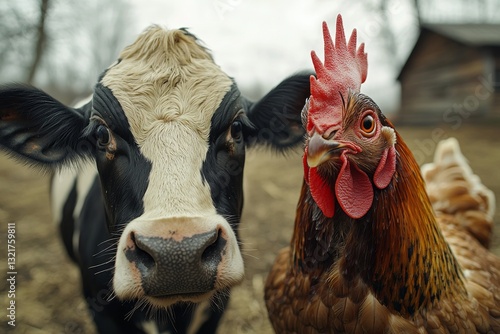 A curious cow and a rooster face the camera in a rural environment