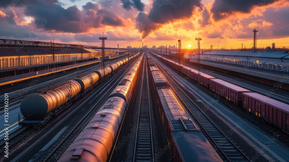 Fototapeta premium Sunset Freight Trains at Railway Station