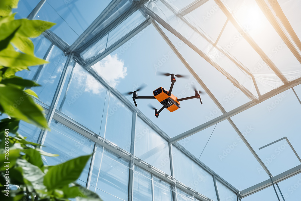A drone hovers gracefully over a greenhouse, collecting vital data about plant health and environmental conditions through its glass roof while bright sunlight filters in A drone hovers gracefully over a greenhouse, collecting vital data about plant health and environmental conditions through its glass roof while bright sunlight filters in