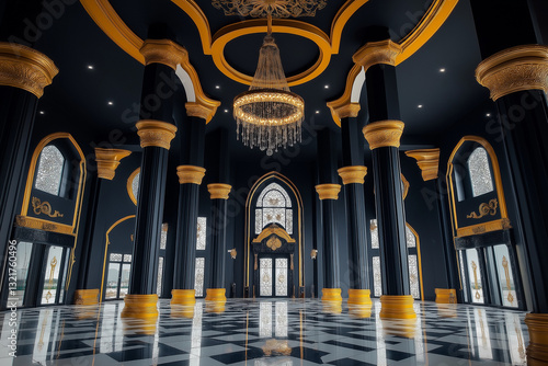 Majestic Black and Yellow Royal Palace with Towering Pillars and a Grand Central Chandelier