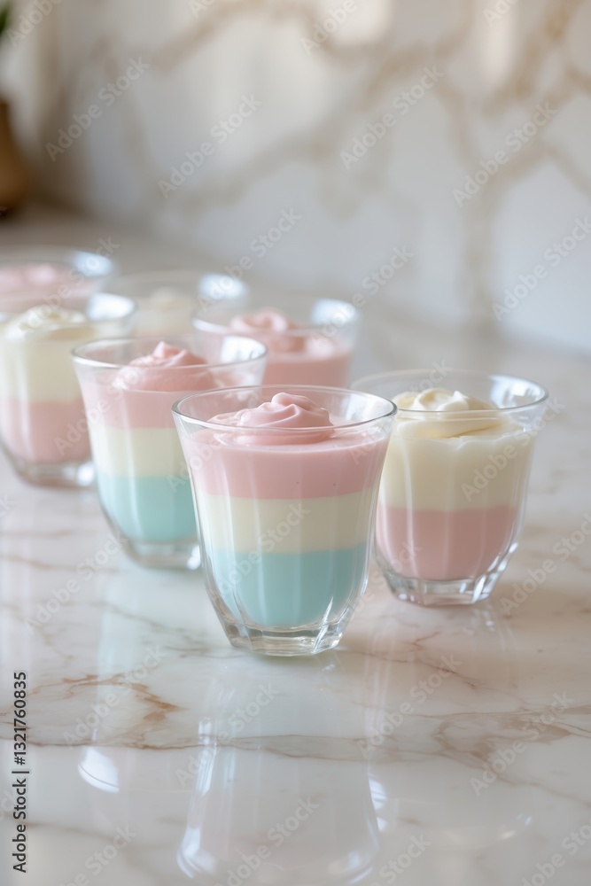 Colorful layered desserts served in glasses on a marble countertop at a festive gathering Colorful layered desserts served in glasses on a marble countertop at a festive gathering