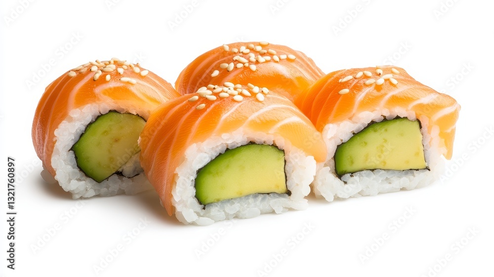Delicious Salmon Avocado Sushi Rolls - Fresh salmon and avocado sushi rolls, topped with sesame seeds. Perfect for a healthy and delicious meal Delicious Salmon Avocado Sushi Rolls - Fresh salmon and avocado sushi rolls, topped with sesame seeds. Perfect for a healthy and delicious meal