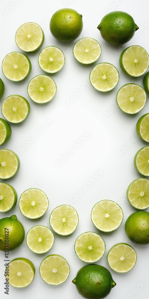 Green lime fruits on white, copy space. Top view flat lay