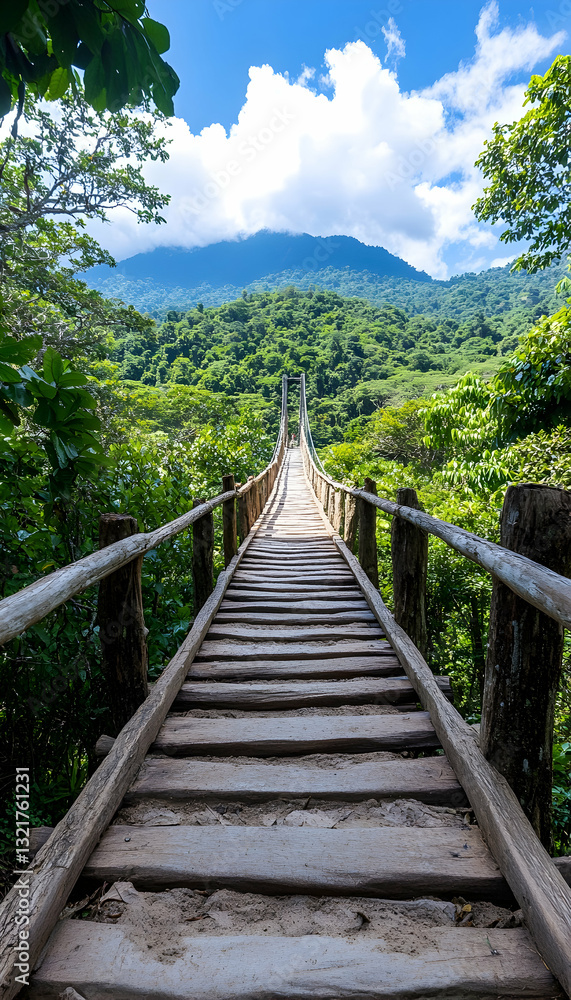 Wooden suspension bridge crossing lush green forest leading to a mountain under a bright blue sky Wooden suspension bridge crossing lush green forest leading to a mountain under a bright blue sky