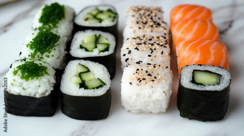 Assorted sushi rolls on marble surface, ready to eat. Possible stock photo use Assorted sushi rolls on marble surface, ready to eat. Possible stock photo use