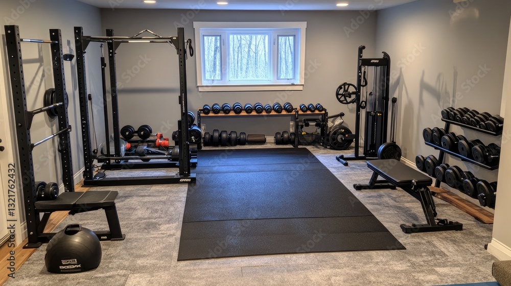 Obraz premium Home Gym with Strength Training Equipment and Free Weights Setup