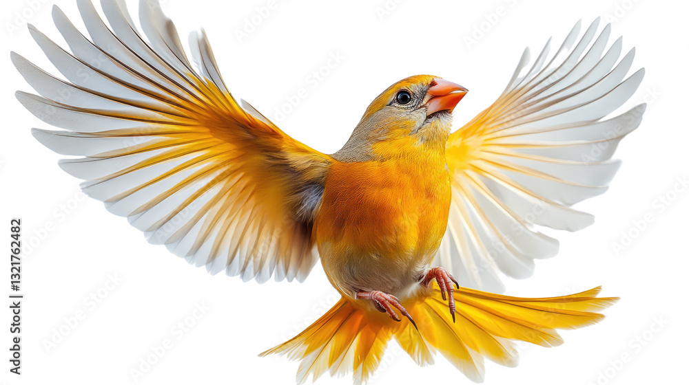 Fototapeta premium Golden Canary in Flight: A radiant golden canary soars gracefully through the air, its wings outstretched in a beautiful display of flight, symbolizing freedom and joy.