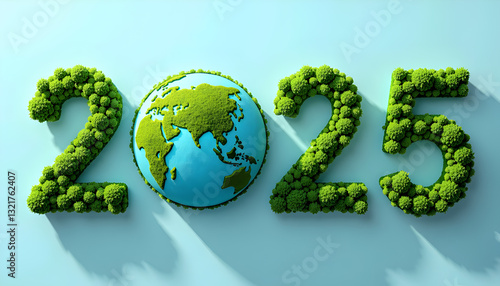 Illustration der Jahreszahl 2025 mit einem grünen Pflanzenmuster und der stilisierten Erde.. 