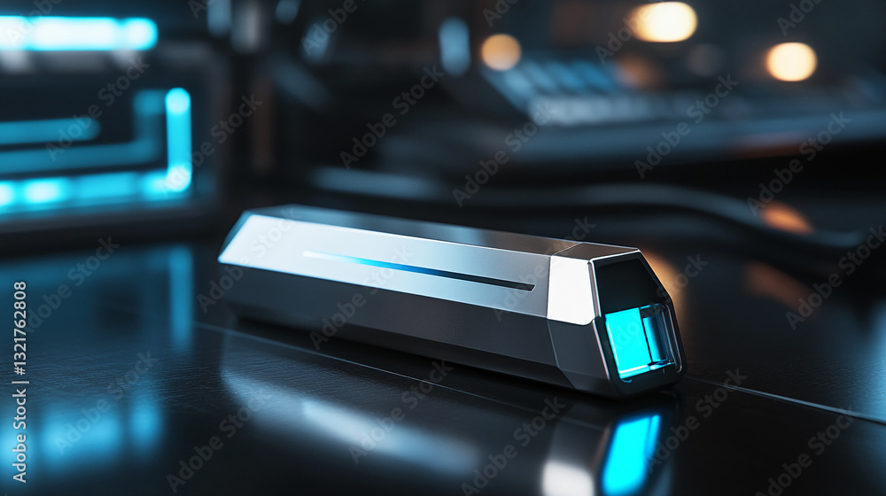 Obraz premium Sleek metallic device with glowing blue element, resting on dark surface, showcasing futuristic technology and innovation, ideal for tech product display
