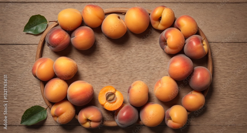 Apricot fruits on wooden rustic table. Top view flat lay