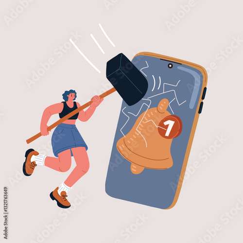 Cartoon vector illustration of furious woman smashing her smartphone with a sledgehammer, anger explosion, digital meltdown