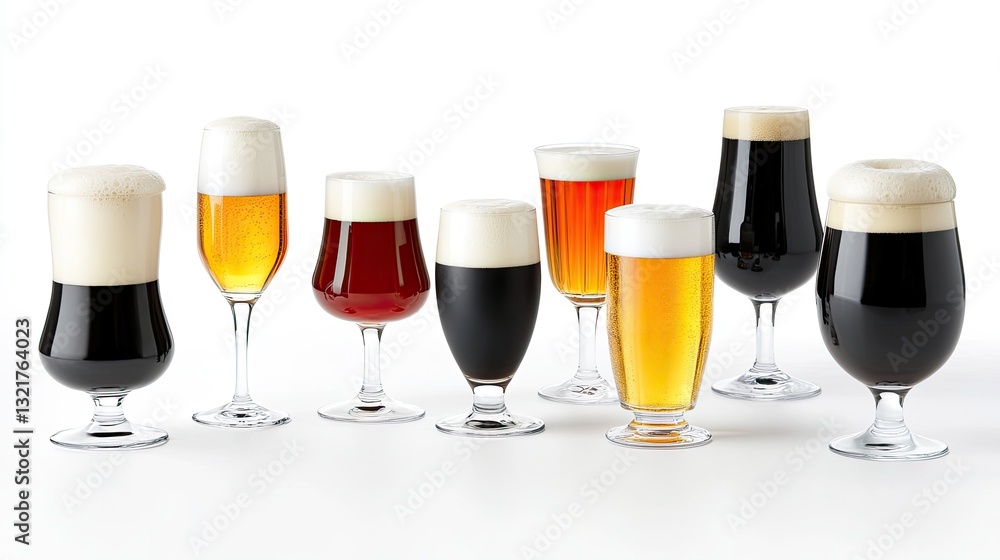Variety of Beer Glasses with Different Beer Styles and Foam Levels Variety of Beer Glasses with Different Beer Styles and Foam Levels