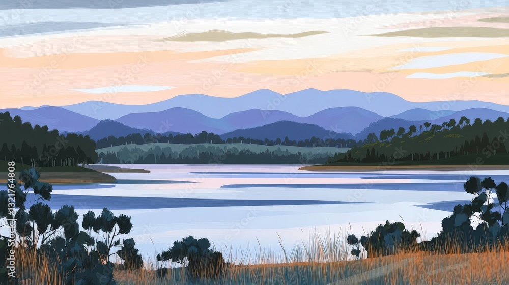Fototapeta premium Serene Mountain Lake Sunrise Landscape Painting: A Majestic View of Nature's Beauty