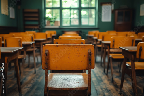 Calm and unoccupied empty classroom featuring wooden chairs and desks, highlighting its serene ambiance and welcoming environment, Back to school concept, no people