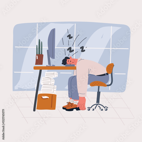 Cartoon vector illustration of an office worker exhausted at his desk, overwhelmed by burnout and fatigue