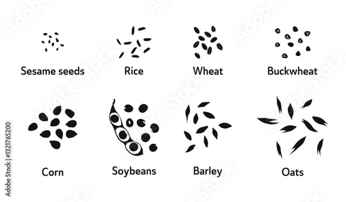 Black silhouette icons of various grains and seeds, including rice, wheat, corn, soybeans, and oats.