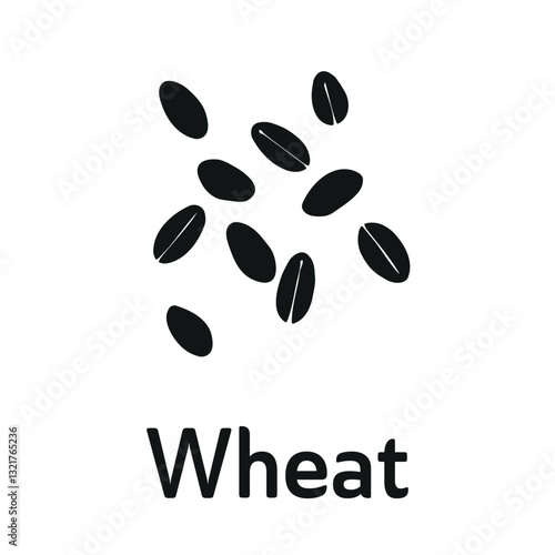 Black wheat grains icon with text 'Wheat' on a white background, simple agricultural vector illustration.