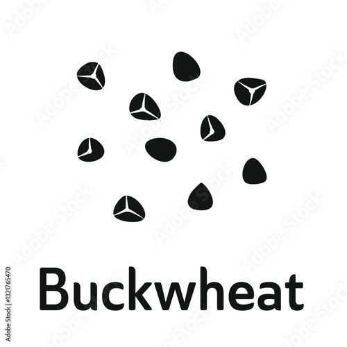 Black buckwheat grains icon with text 'Buckwheat' on a white background, simple agricultural vector illustration.