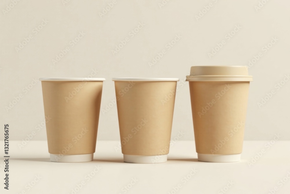 Three disposable cups for hot beverages, arranged in a row against a neutral backdrop, showcasing their simple yet elegant design Three disposable cups for hot beverages, arranged in a row against a neutral backdrop, showcasing their simple yet elegant design
