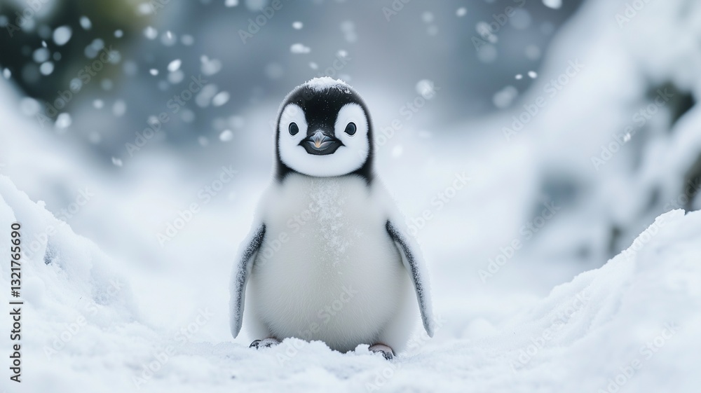 Adorable Baby Penguin Sitting in Snow with Falling Snowflakes. Adorable Baby Penguin Sitting in Snow with Falling Snowflakes.