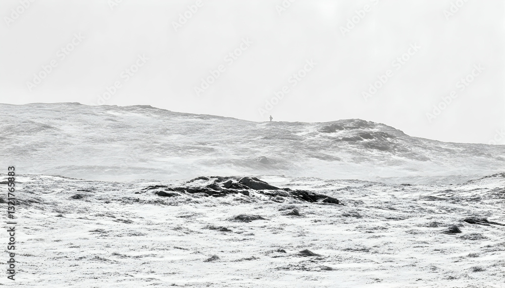 Obraz premium Solitary figure on snowy peak, minimalist monochrome landscape photography. A lone person stands atop a windswept hill under a grey sky.