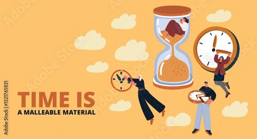 Cartoon vector illustration of people trying to reverse time, pulling at clock hands and lounging in hourglasses, caught in procrastination