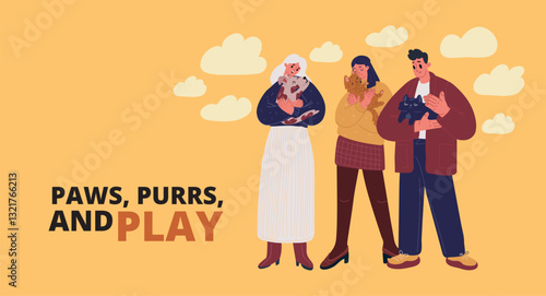 Cartoon vector illustration of people standing proudly with their cats and dogs, showing deep love and affection for their furry friends
