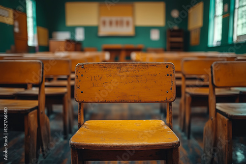Calm and unoccupied empty classroom featuring wooden chairs and desks, highlighting its serene ambiance and welcoming environment, Back to school concept, no people