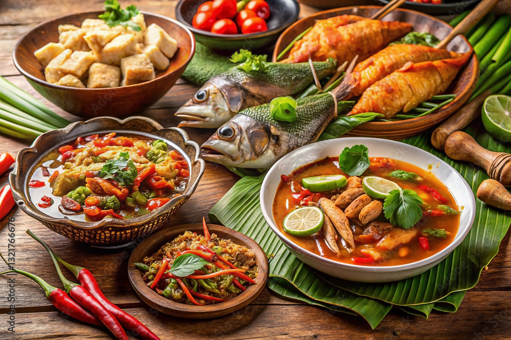 Diverse Asian cuisine assortment.  A variety of dishes including curries, grilled fish, and tofu