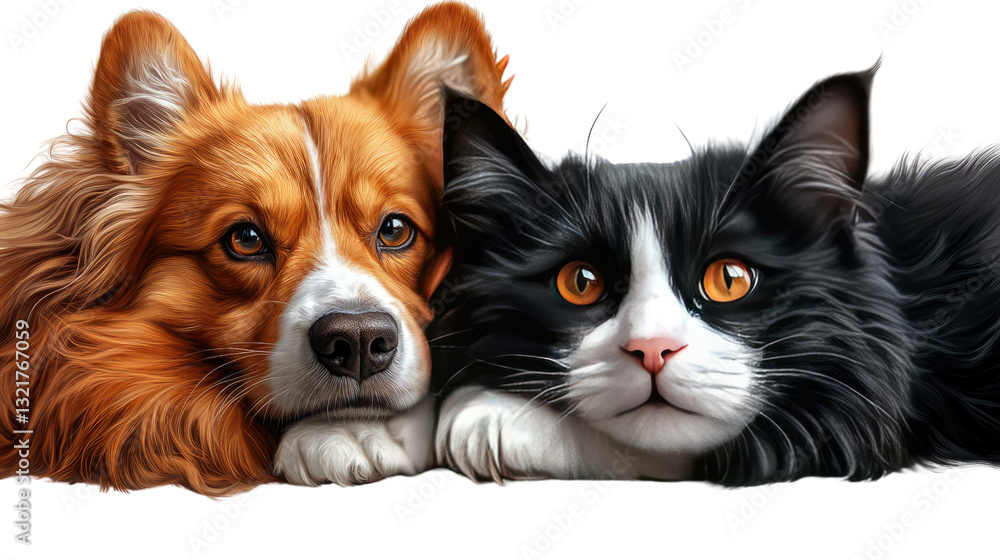 Obraz premium Canine and Feline Companions: A heartwarming portrait of a dog and cat sharing an intimate moment, their friendship radiates charm and warmth, celebrating the bonds of companionship.