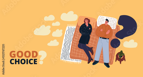 Cartoon vector illustration of a man and woman lying side by side, deep in thought, with a large question mark between them, symbolizing contemplation and the quest for answers