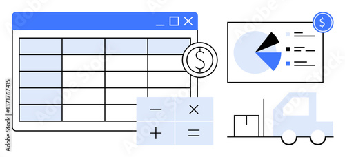 Spreadsheet with data grid and currency icon, calculator with arithmetic symbols, pie chart analytics, delivery truck with packages. Ideal for business, accounting, finance, logistics, operations