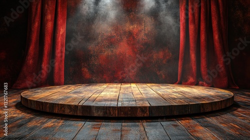 Dark rustic wooden stage with red curtains and spotlights.