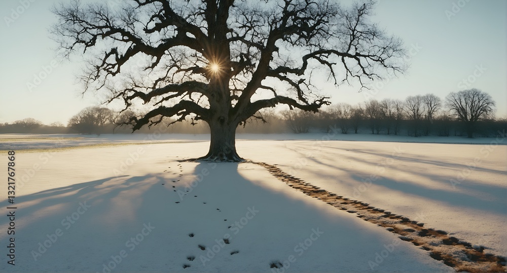 Landscape with old oak tree and path trail in snow covered field.
